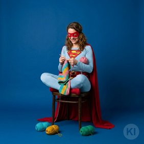 Eine Super-Woman sitzt auf einem Stuhl und häkelt.